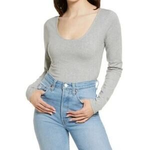 BP SCOOP NECK LONG SLEEVE ORGANIC COTTON TOP IN GRAY NWOT‎ WOMEN'S SIZE MEDIUM